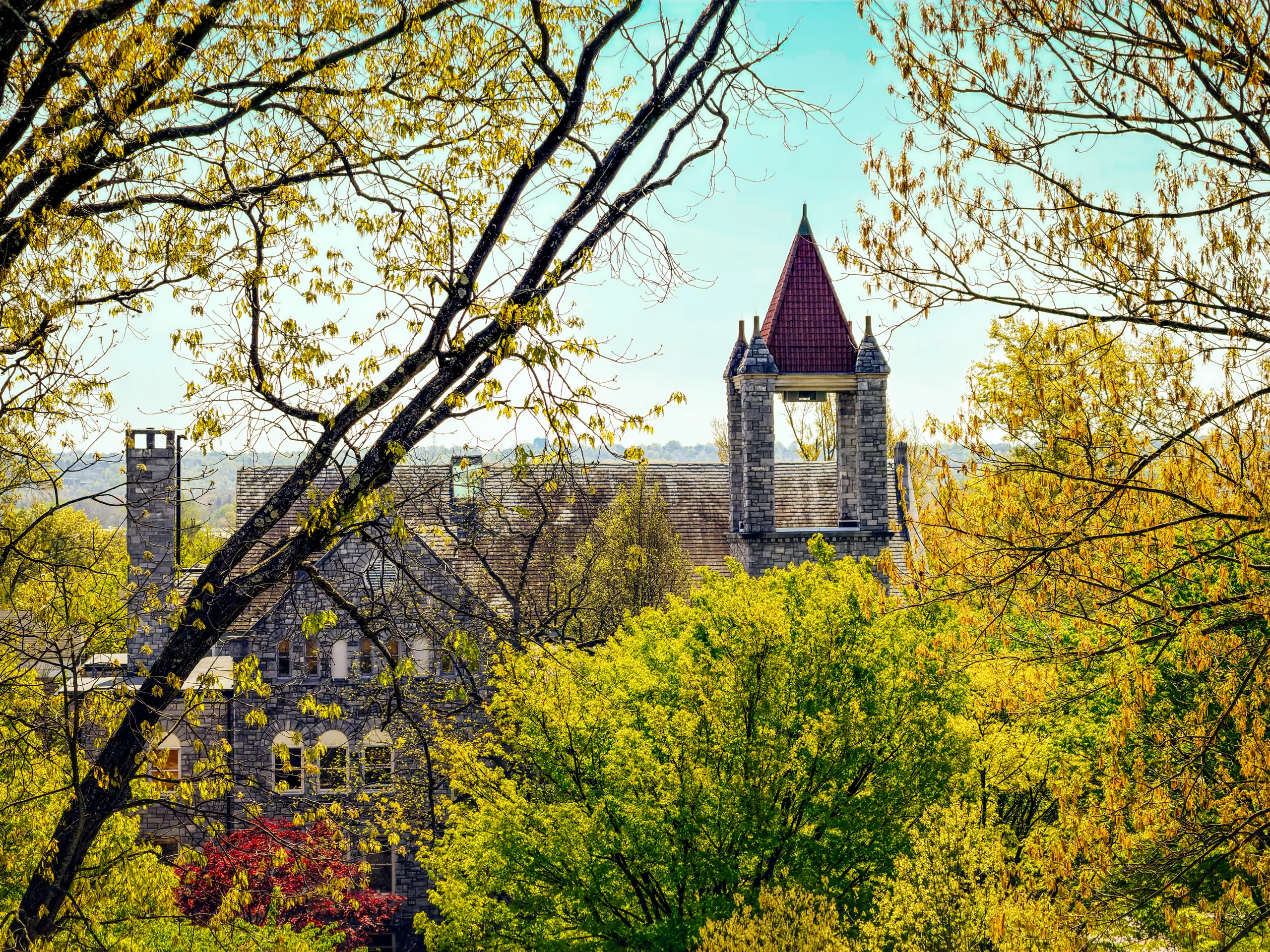 The tower of Bomberger Hall seen from the top of Pfahler Hall