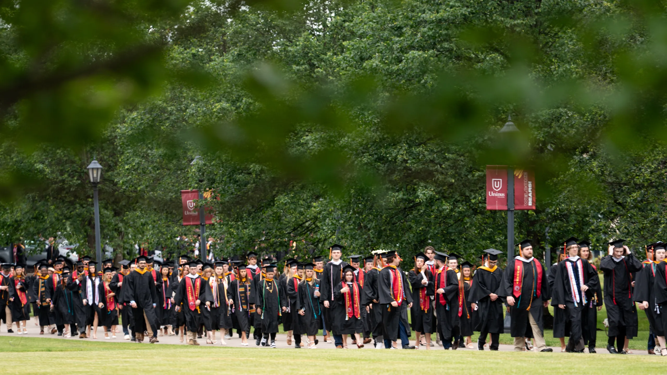The Commencement procession crossing the lawn in front of the Berman Museum of Art