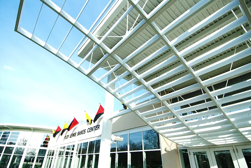 Banners beneath the glazed roof of the Bakes Center atrium
