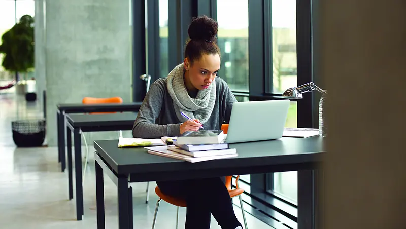 A student at work in Myrin Library