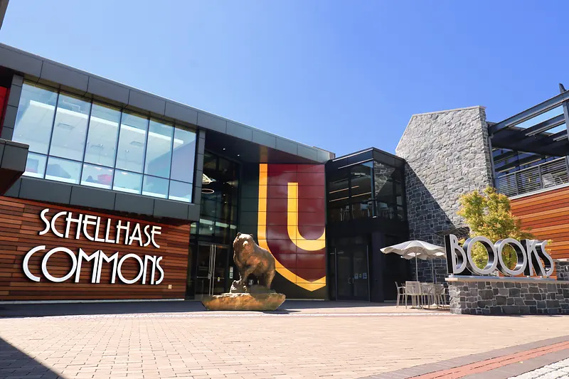 The front of Schellhase Commons by day, with the bookstore entrance