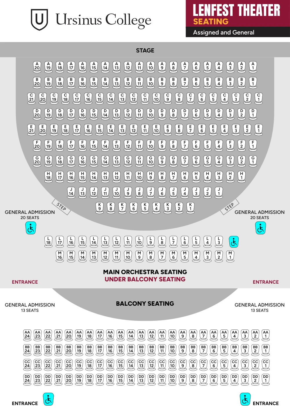 Lenfest Theater seating plan: the stage, orchestra rows A to K, under-balcony rows L and M, and balcony rows AA to DD, with general admission seating at the sides and five wheelchair spaces