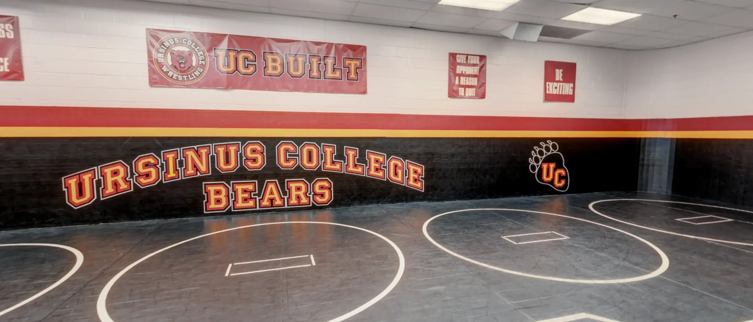 Wrestling circles on the mats below the Ursinus College Bears wall in the Wrestling Room