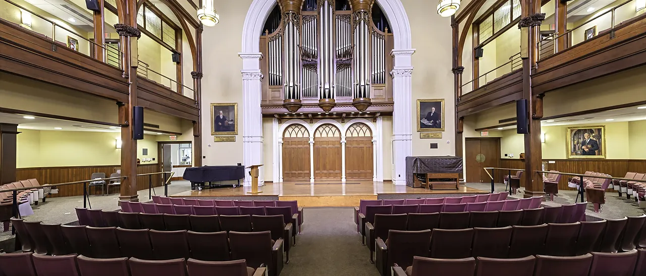 The organ and the stage of Bomberger Hall Auditorium